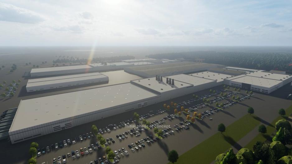 Illustration of Freyr's planned factory, Giga America, in Georgia, USA. (Illustration: FREYR Battery) Bridgeport Coweta - Giga America Initial Phase of Concept