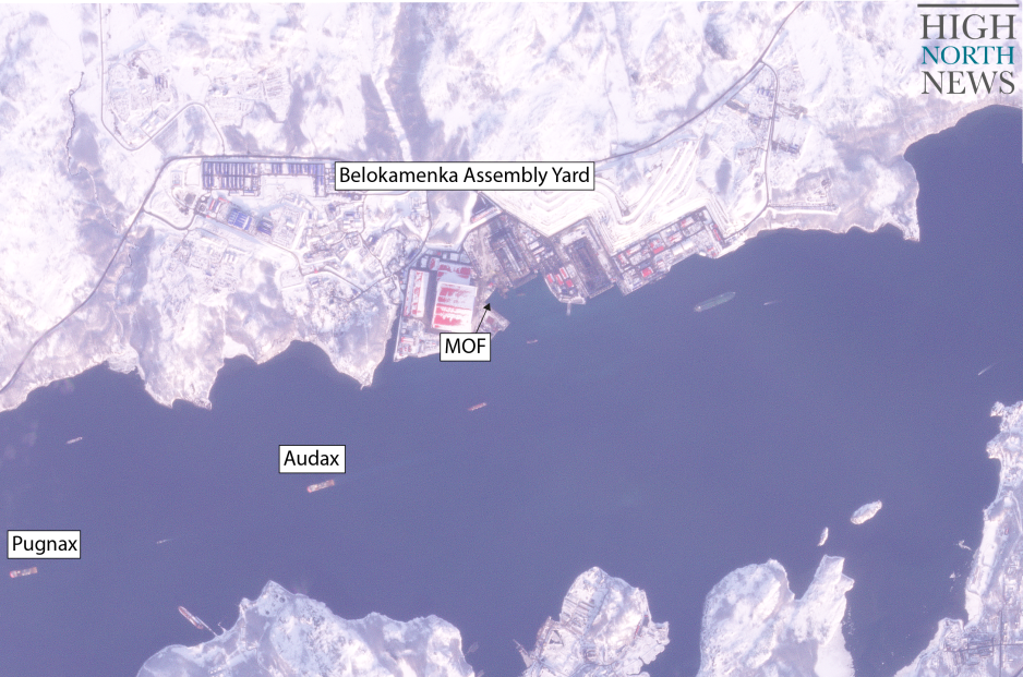 Satellite image from February 27, 2024 showing Audax and Pugnax outside Belokamenka in the Russian Arctic, awaiting offloading. (Source: Planet.com) High North News Audax Pugnax Red Box Arriving at Belokamenka-01
